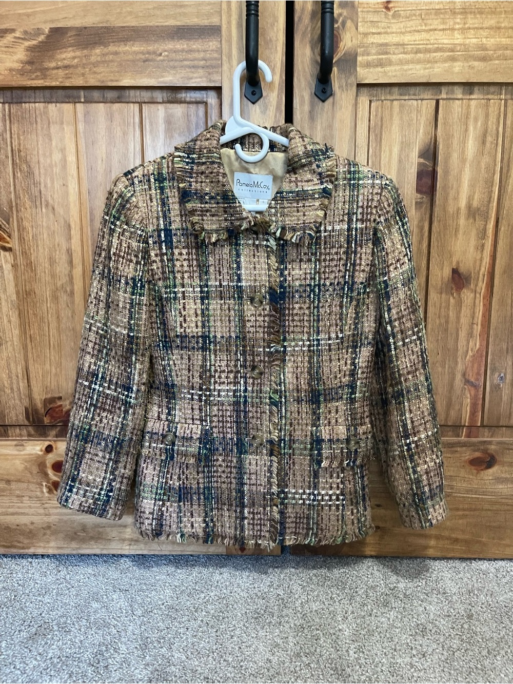 Pamela McCoy Womens Tan Plaid Tweed Jacket